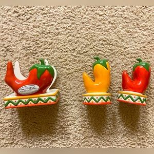 Clay Art Chili Hot Pepper Salt and Pepper Shaker and Napkin Holder Set